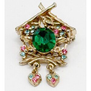 Vintage Unsigned CORO Cuckoo Clock Pin Green Glass Pastel Rhinestones